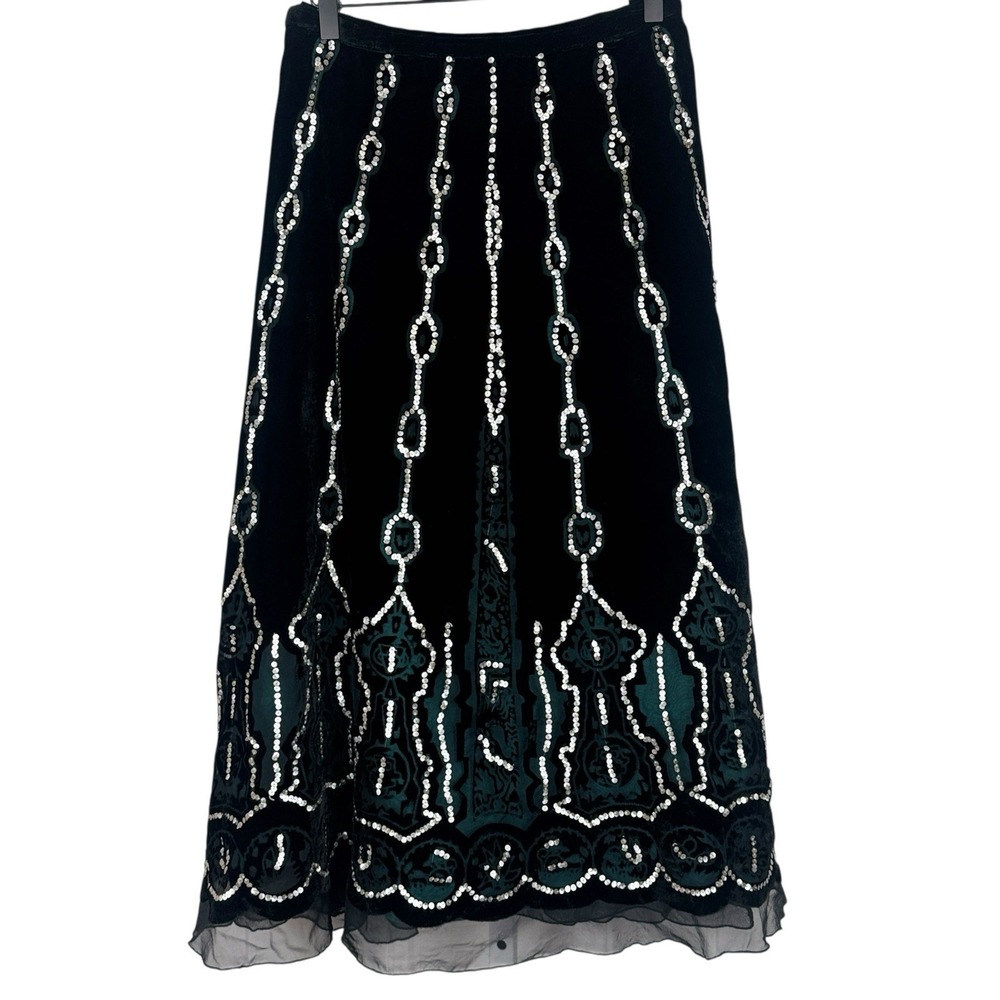 Carole Little Velvet Burnout Skirt Size 16 Black Green Embellished Sequin Beaded
